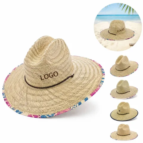 Men's Wide Brim Straw Hat with Cord, Breathable Beach Sun