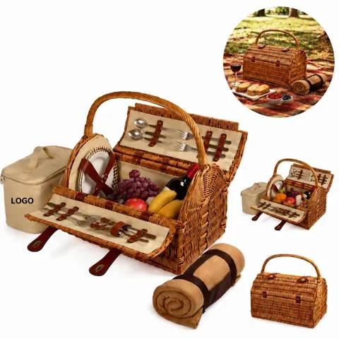 Handwoven Wicker Picnic Set for Two with Dining Essentials