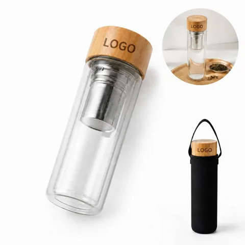 Natural Bamboo Lid Glass Water Bottle Leakproof Gift