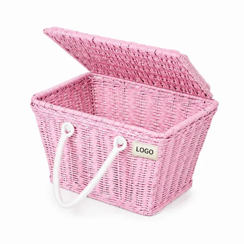 Handwoven Pink Rattan Picnic Basket with Secure Lid