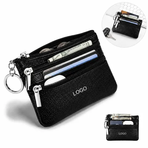 Pebble Leather Zip Coin Pouch Keychain with Key Ring