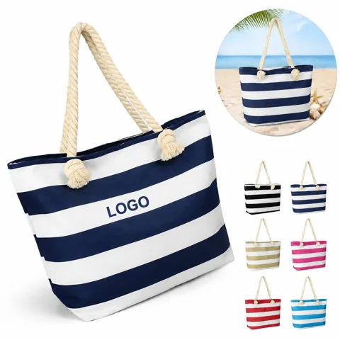 Canvas Striped Large Tote Bag for Beach Travel Shopping