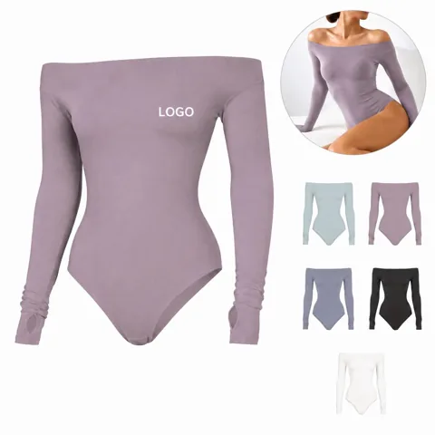 Women Off Shoulder Bodysuit Snap Crotch Daily Wear