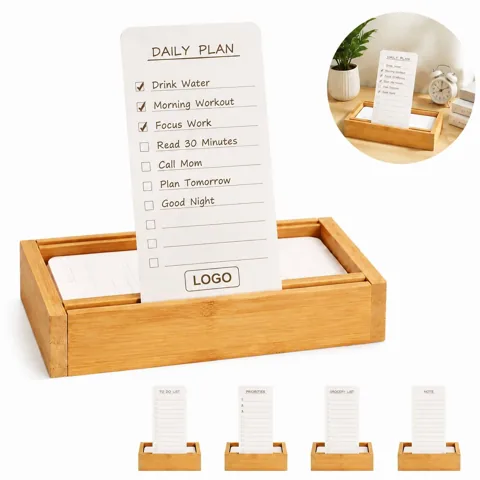 Bamboo Desk Task Card Organizer with 50 Standing Cards
