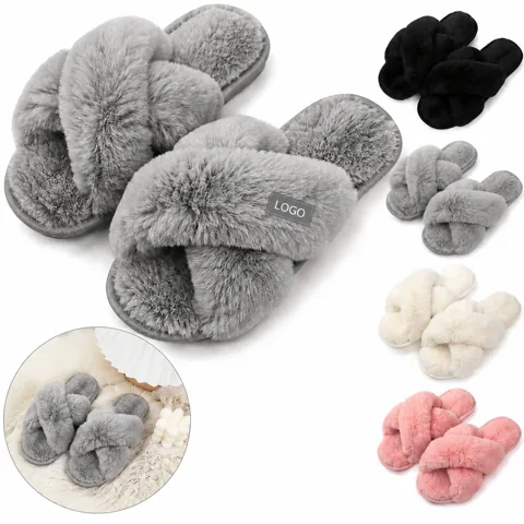 Women Faux Fur Wrap Band Open Toe Slippers Cozy Warm Home